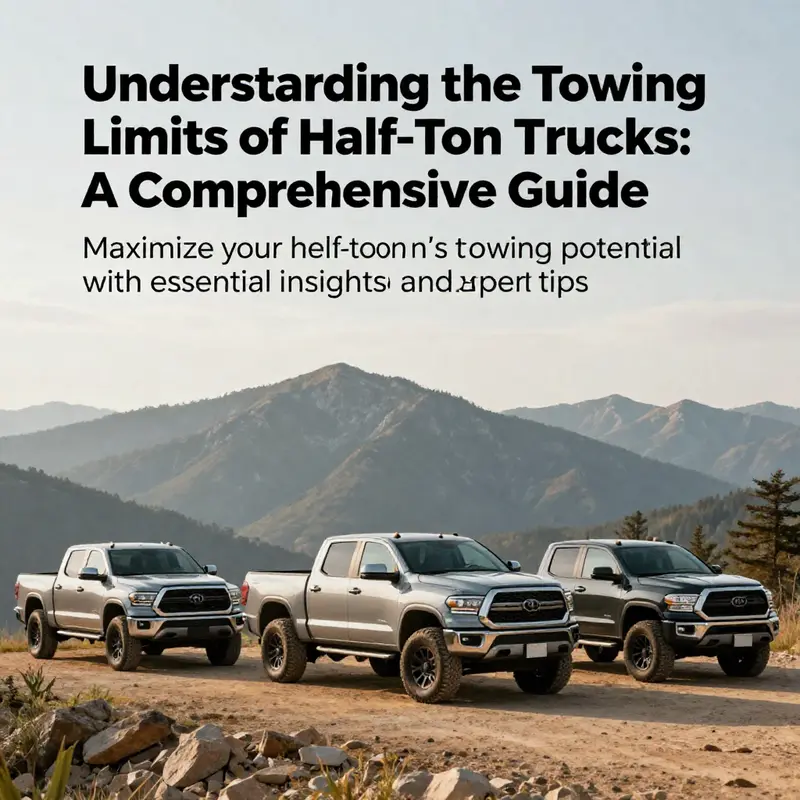 A scenic image of parked half-ton trucks with a mountainous backdrop, representing their towing capabilities.