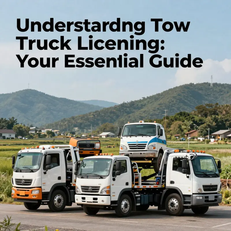 A compilation of different types of tow trucks against diverse backdrops, illustrating the theme of licensing requirements across regions.