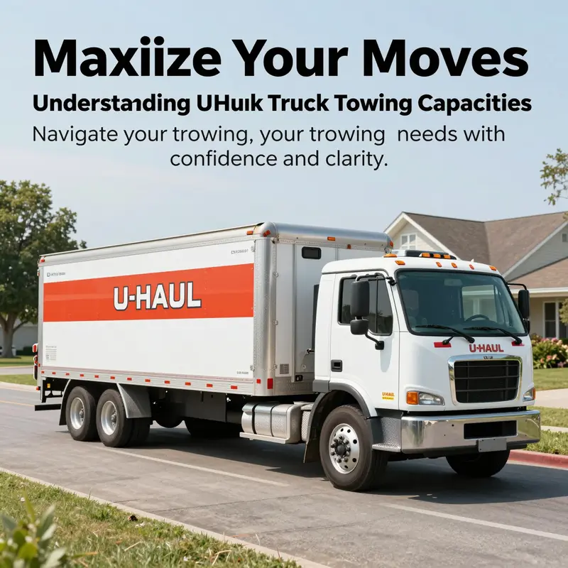 A U-Haul truck efficiently towing a trailer in a suburban landscape, demonstrating its towing capabilities.