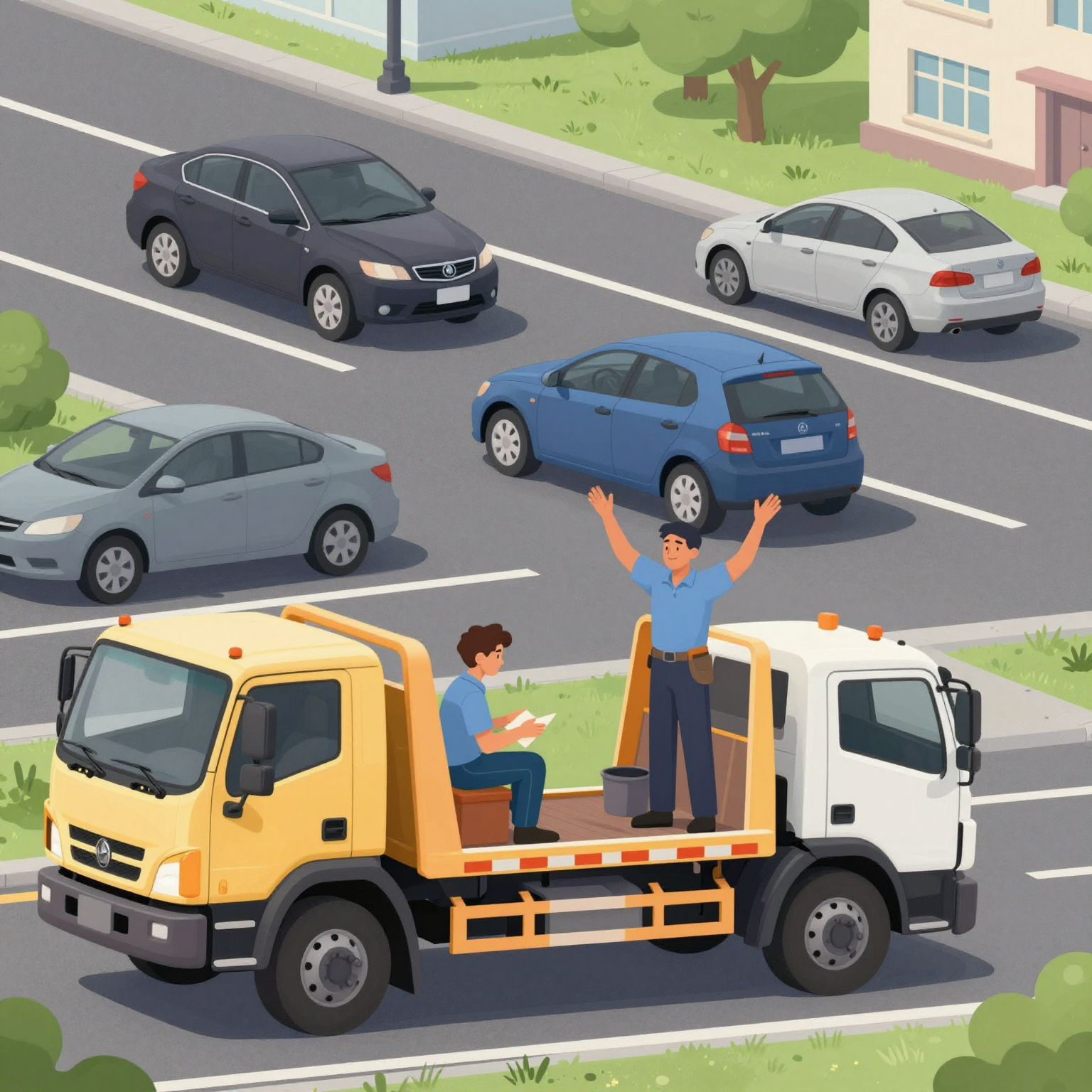 Illustration of various towing scenarios with a flatbed tow truck