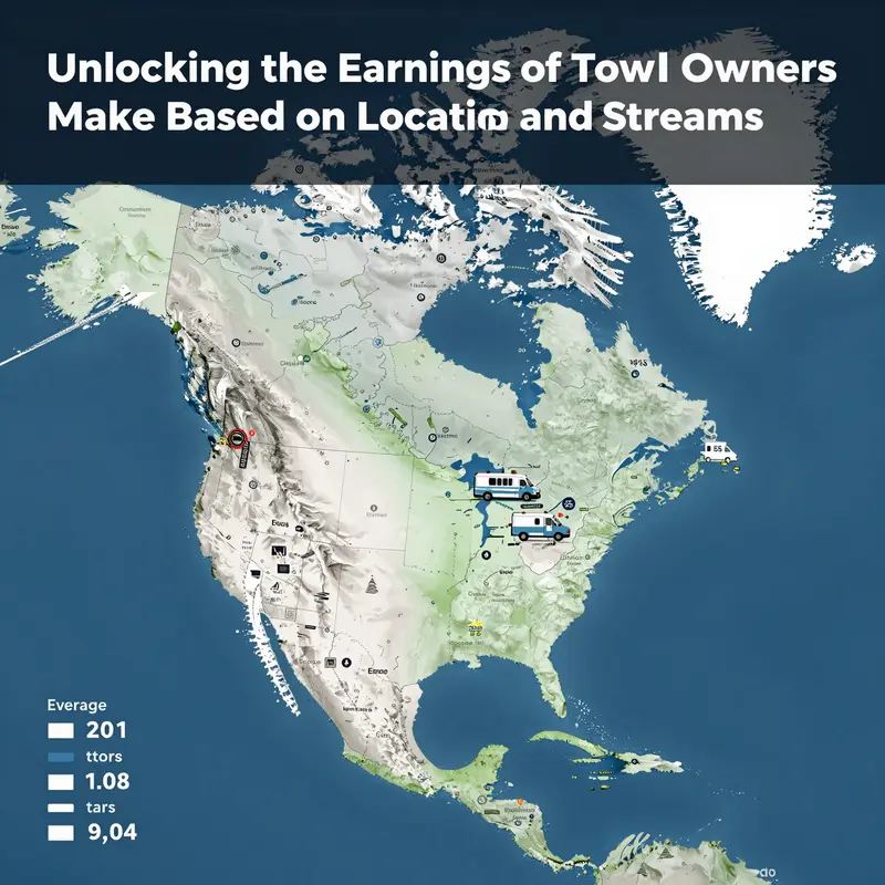 Regional map illustrating income variations for tow truck owners across North America.