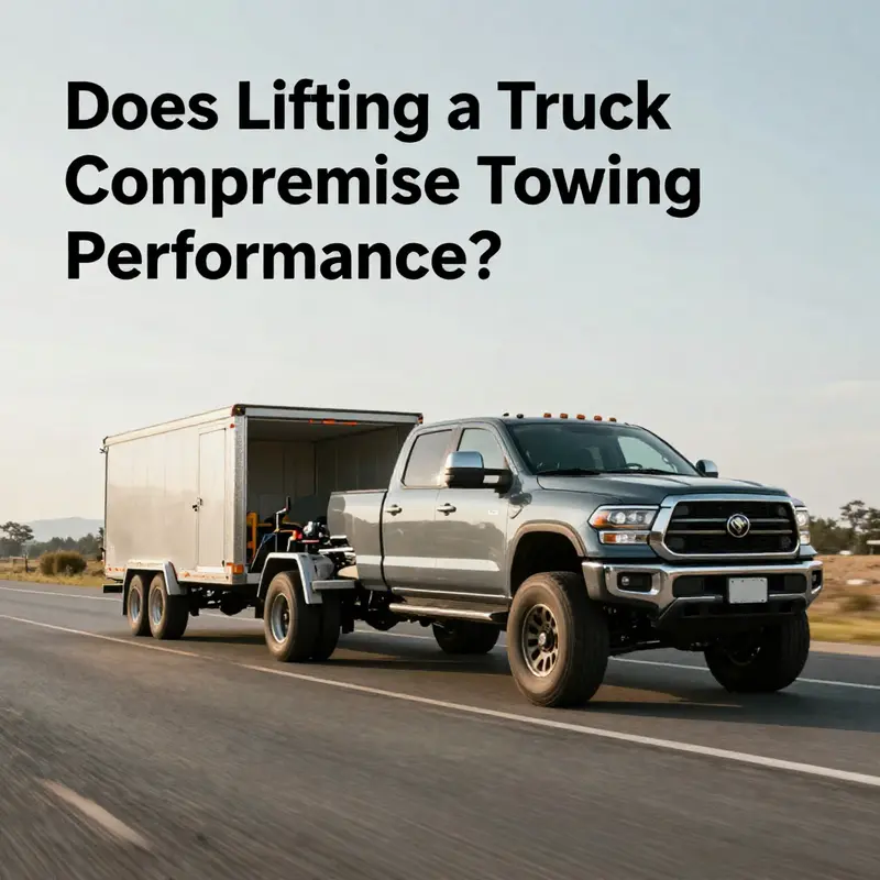 A lifted truck towing illustrates the challenges of stability on the road.