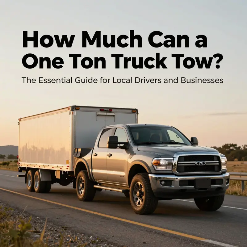 One-ton pickup truck towing a large trailer on a highway during golden hour.