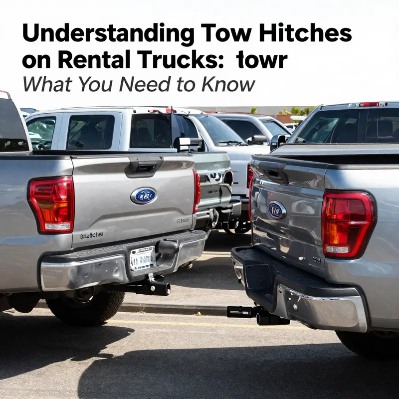 A variety of standard pickup trucks available for rent, illustrating their tow hitches.