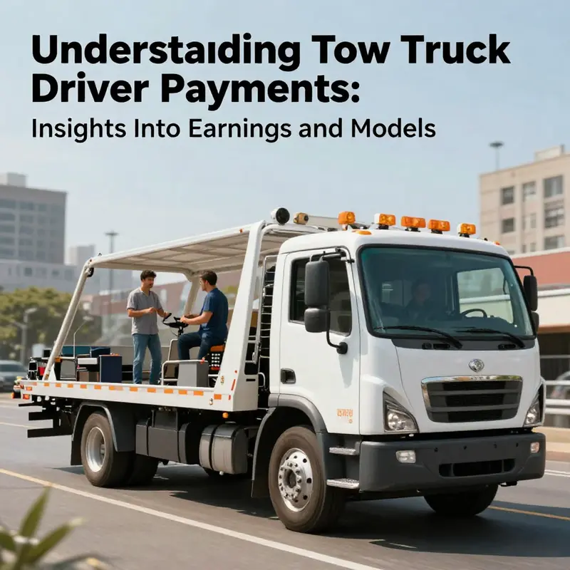 A tow truck driver interacting with a customer against a vibrant city backdrop.