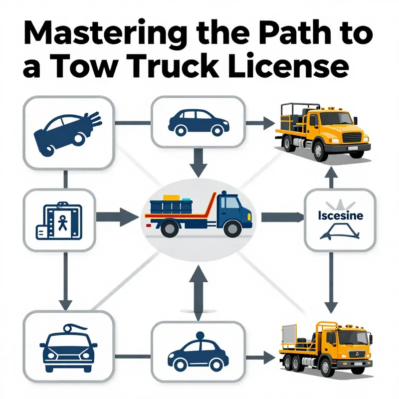 Infographic summarizing the step-by-step process for obtaining a tow truck license.