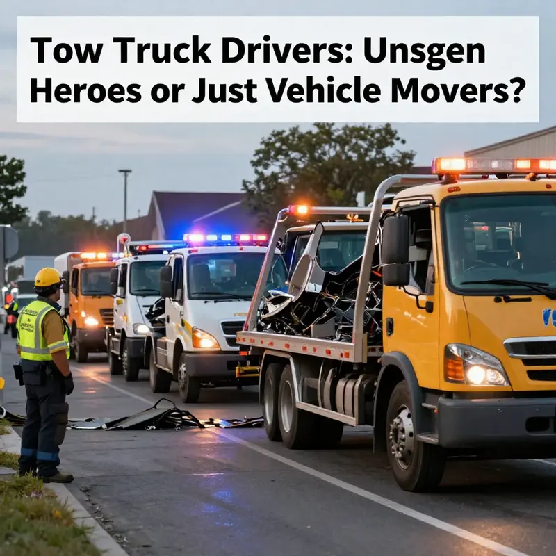 Multiple tow trucks at the scene of an accident, working alongside emergency personnel under flashing lights.