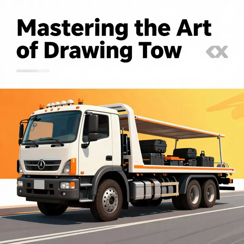 Detailed artwork of a tow truck showcasing its towing features set in an animated urban environment.