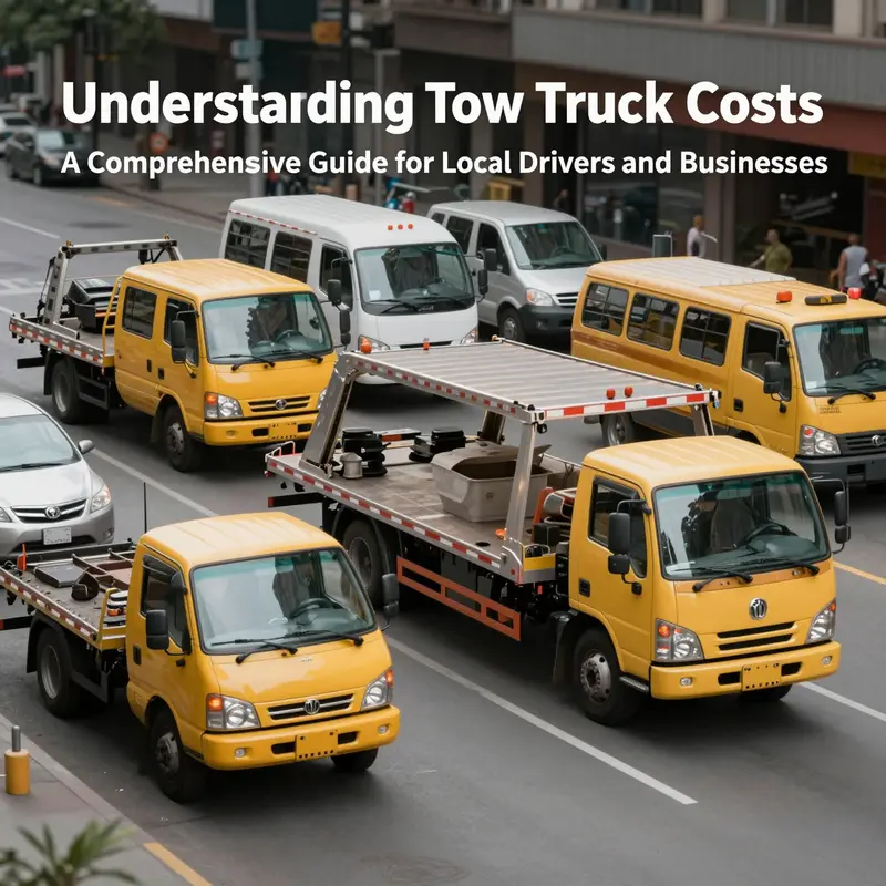 An urban scene featuring multiple tow truck models, reflecting their diversity and roles in roadside assistance.