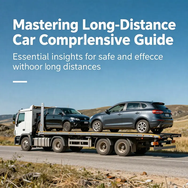 A professional towing setup with a flatbed truck transporting a car over a scenic landscape.