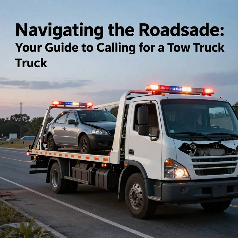 A tow truck with emergency lights and a broken vehicle on a quiet road during dusk, symbolizing the need for roadside assistance.