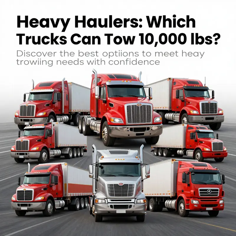 A composite image showcasing heavy-duty, medium-duty, light-duty, and tractor-trailer trucks suitable for towing.