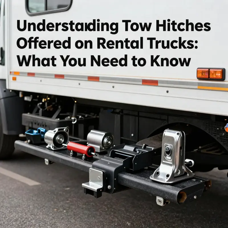 A variety of standard pickup trucks available for rent, illustrating their tow hitches.