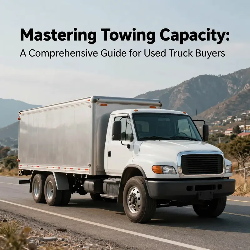 A robust used truck towing a trailer on a highway amidst a beautiful landscape.