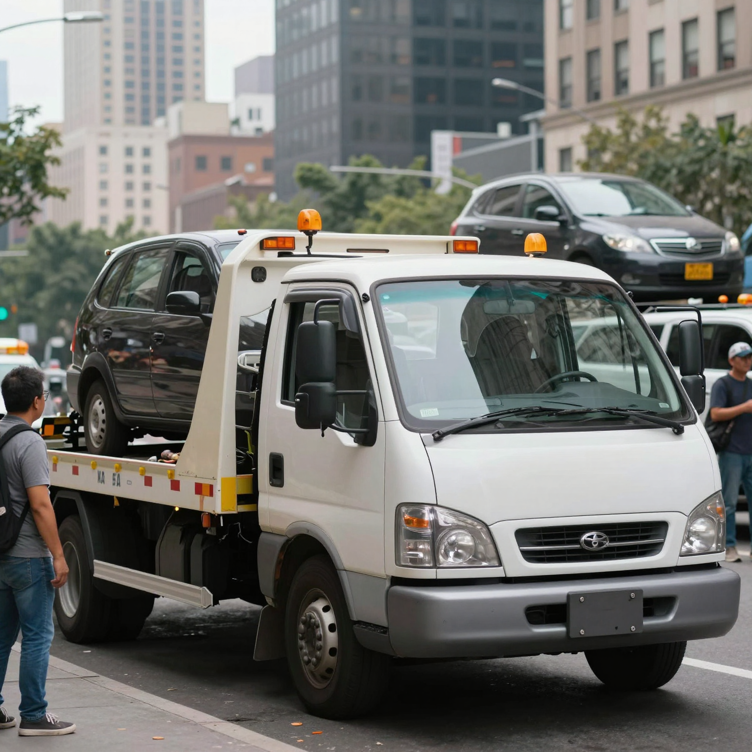 Tow truck in a city setting