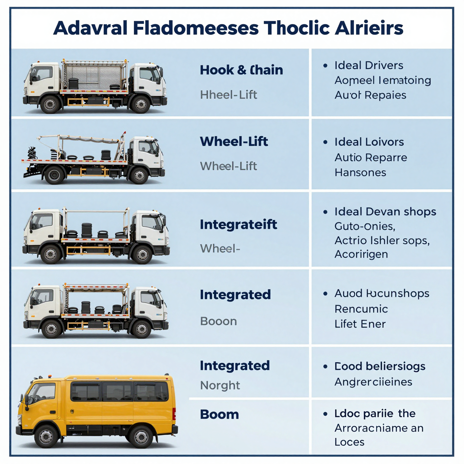 A detailed comparison of Tow Truck types including Flatbed, Hook and Chain, and others.