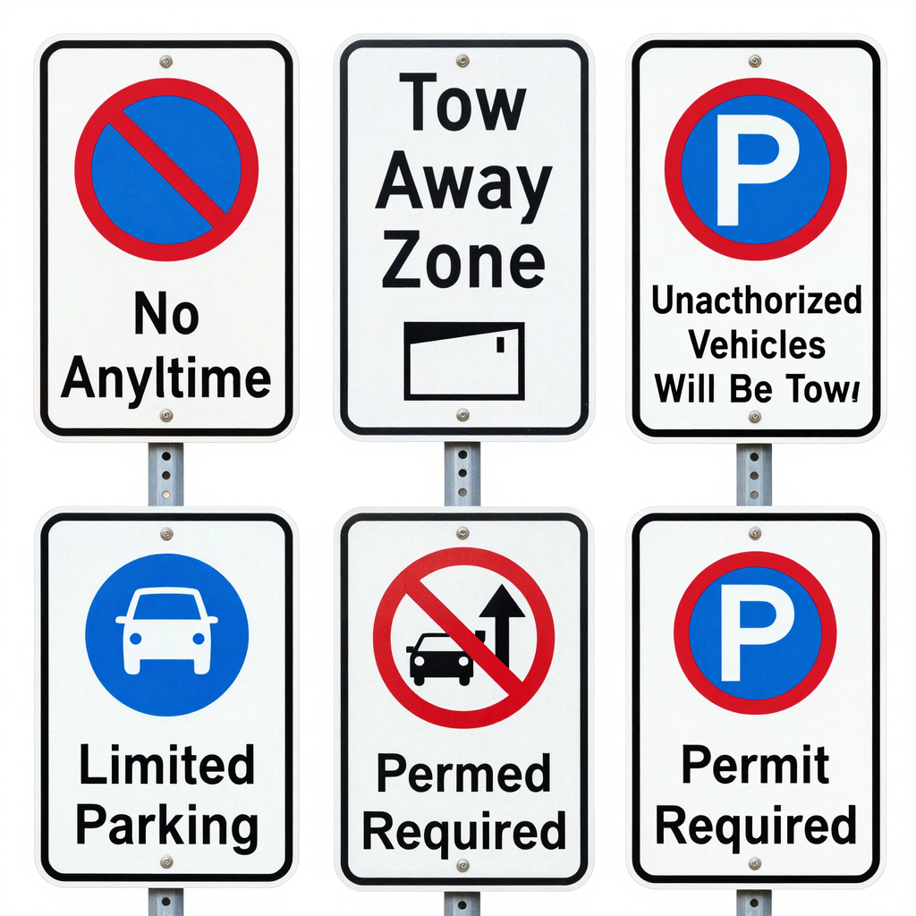Common towing signs indicating restricted parking