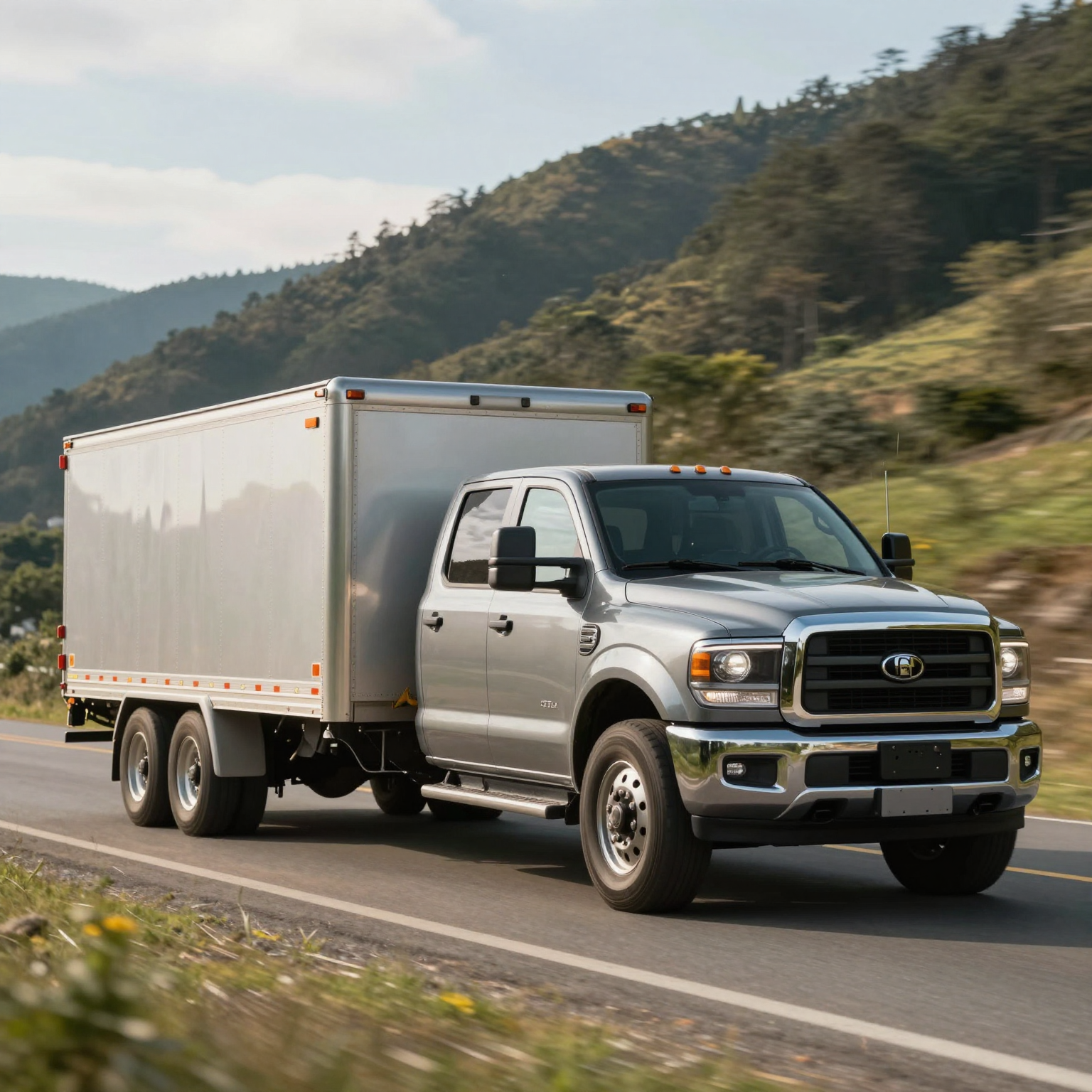 A pickup truck towing a trailer on a scenic road, showcasing the truck in action