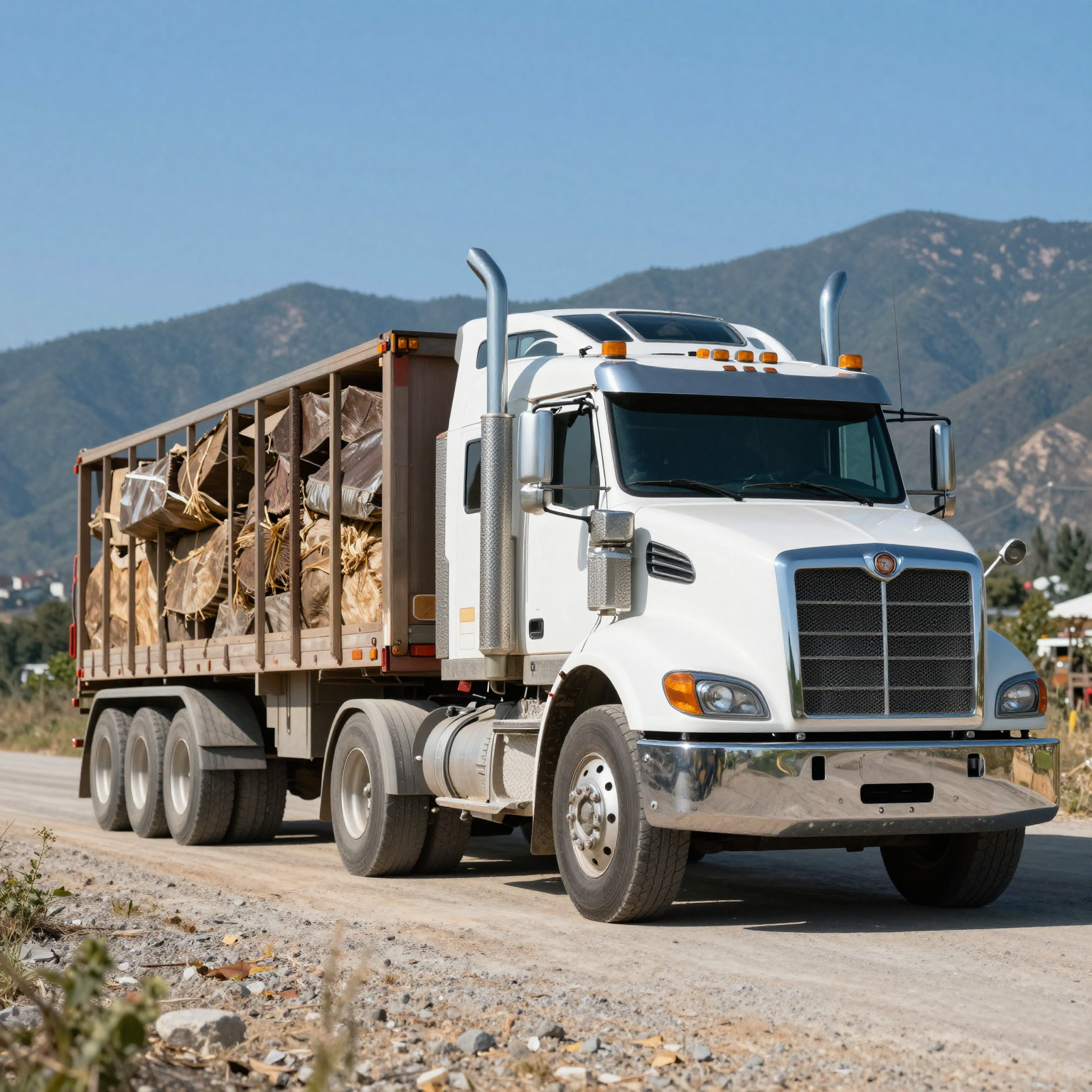 Powerful truck towing a heavy load in a scenic environment