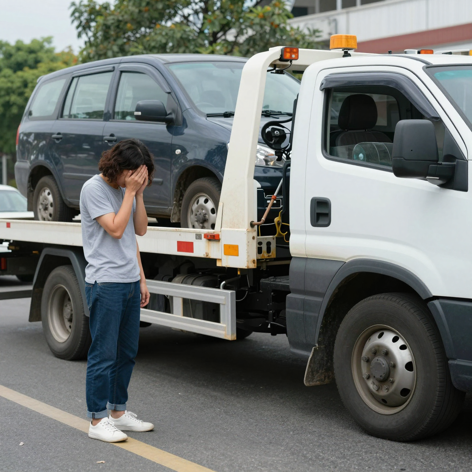 Tow truck in action towing a vehicle, capturing the emotional aspect of waiting by the roadside.