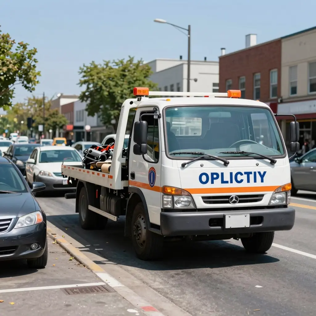 A tow truck on a busy city street, illustrating the authority and presence of tow trucks in urban settings, with cars parked along the road.