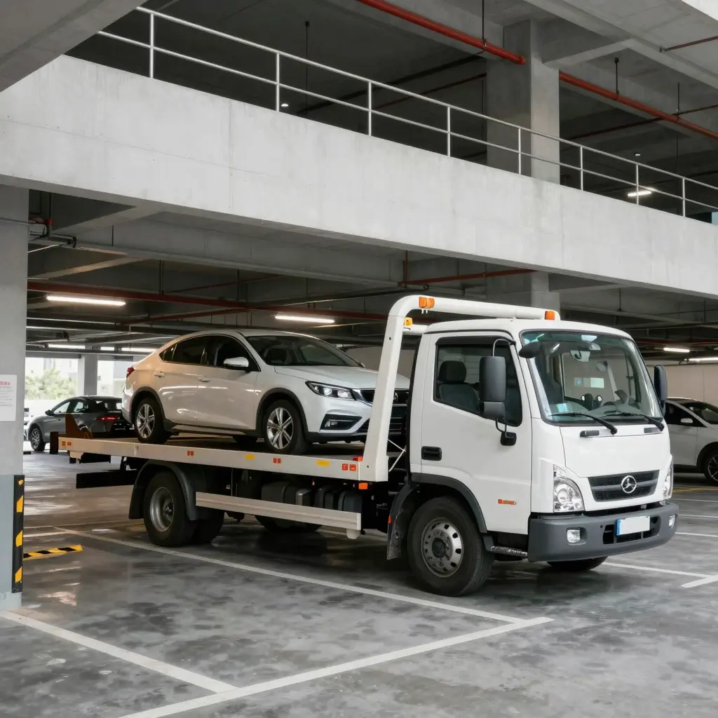 Tow Truck in Parking Garage
