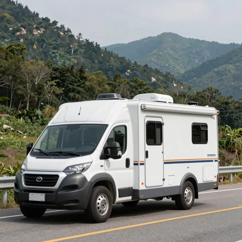 A rental truck towing a camper on a scenic highway.