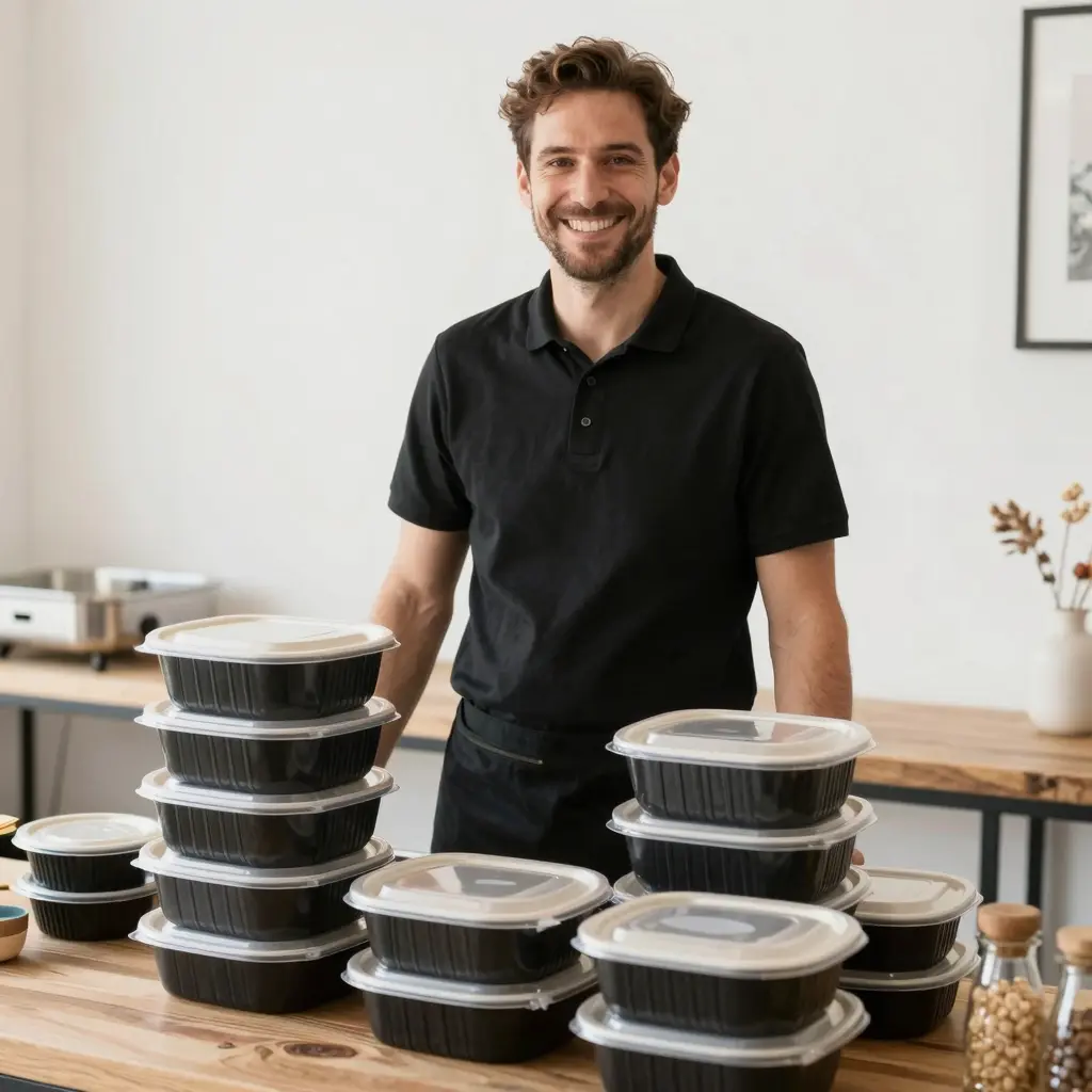 Catering scene with disposable food containers