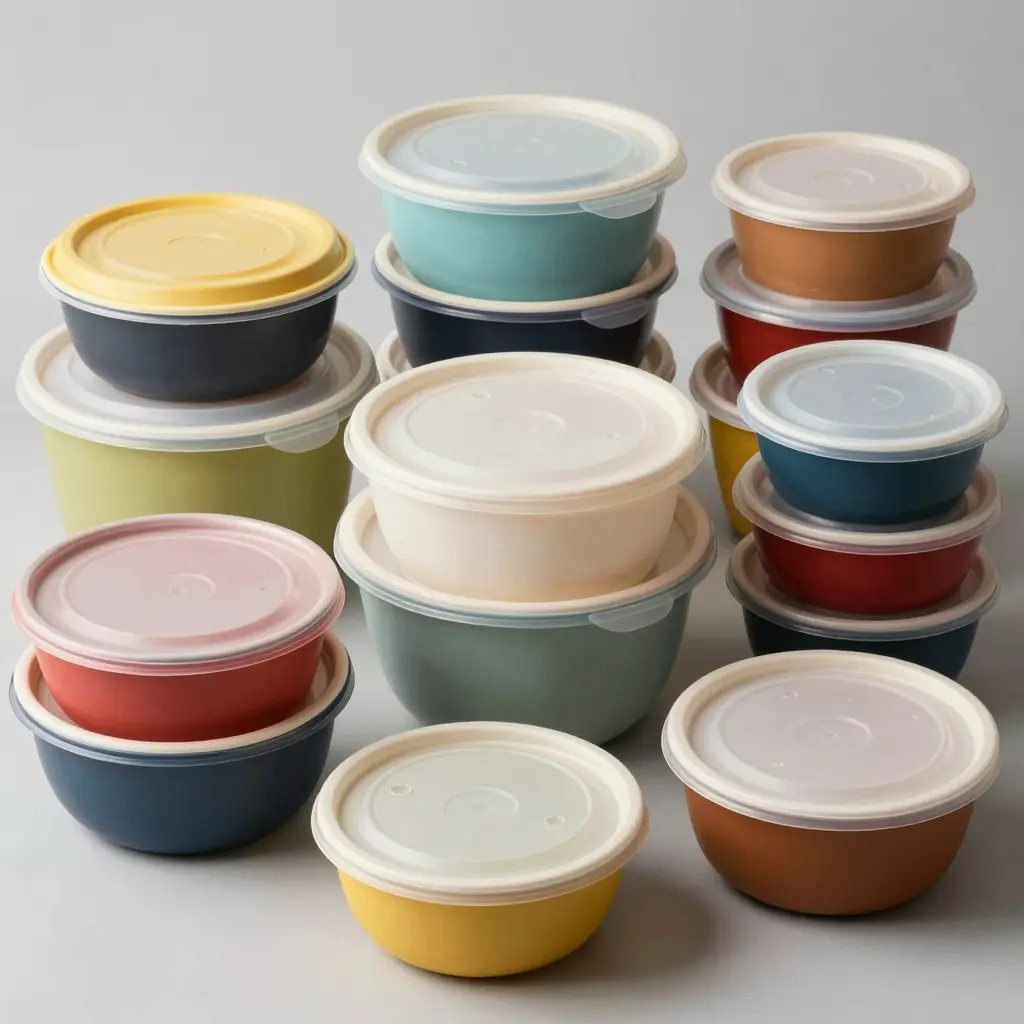 A variety of disposable food containers with lids