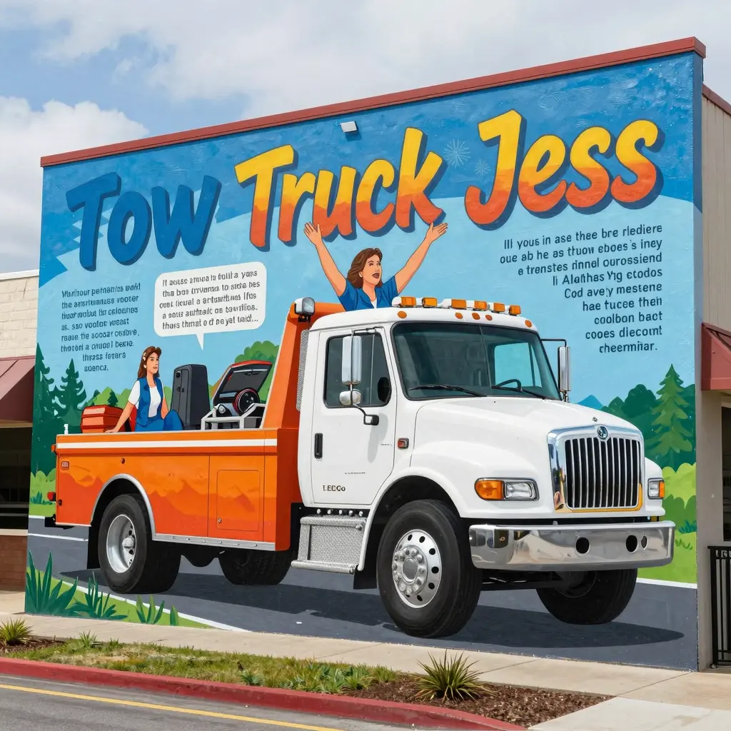 A heartfelt tribute mural dedicated to Tow Truck Jess, featuring vibrant colors, her iconic tow truck, and messages from the community expressing love and gratitude.